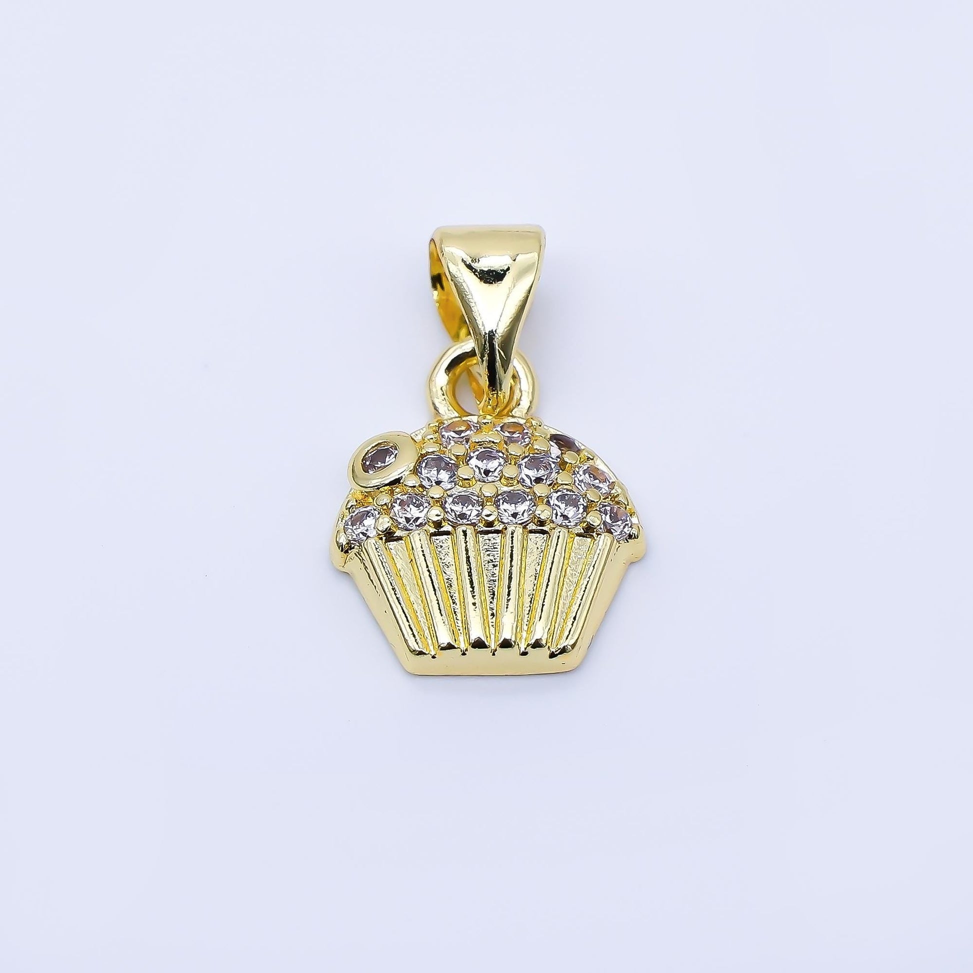 24K Gold Filled 11mm Micro Paved CZ Cupcake Charm Food Jewelry Gourmet Inspired Pendant DIY Supply for Necklace Bracelet Making | AA1675
