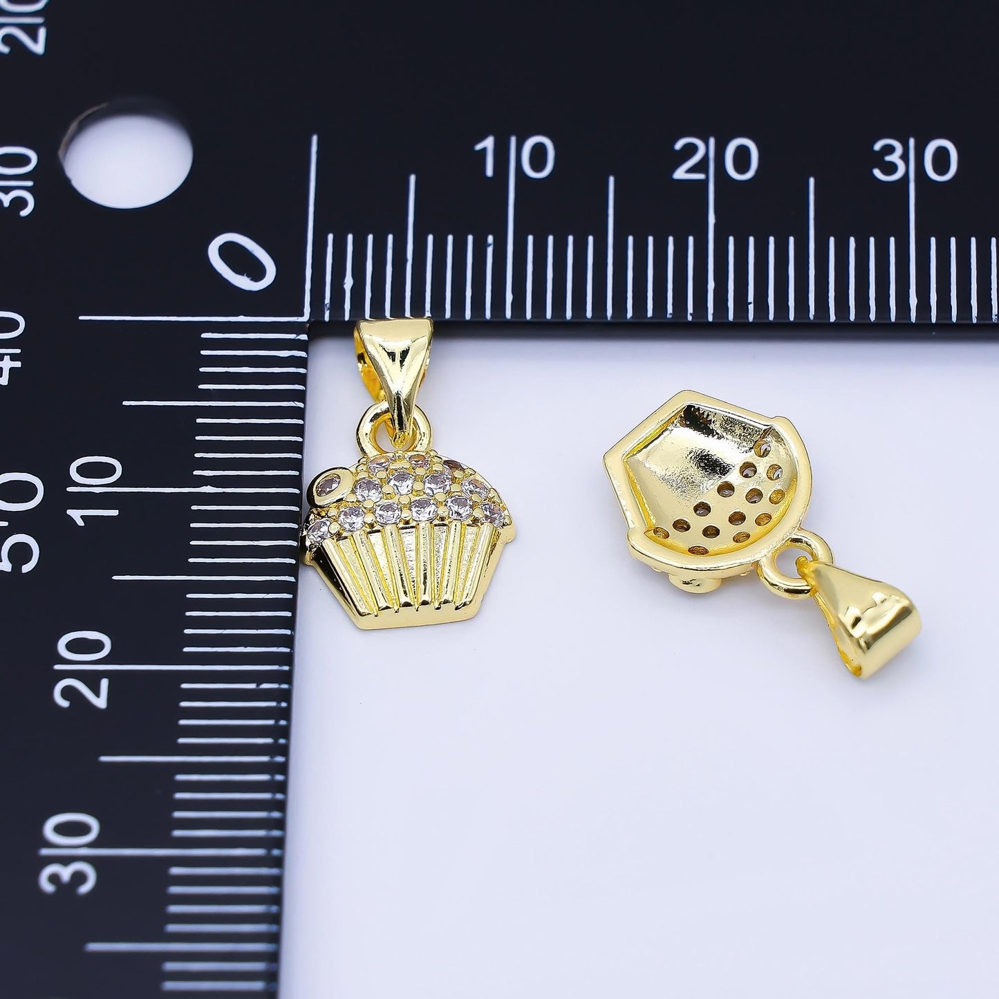 24K Gold Filled 11mm Micro Paved CZ Cupcake Charm Food Jewelry Gourmet Inspired Pendant DIY Supply for Necklace Bracelet Making | AA1675