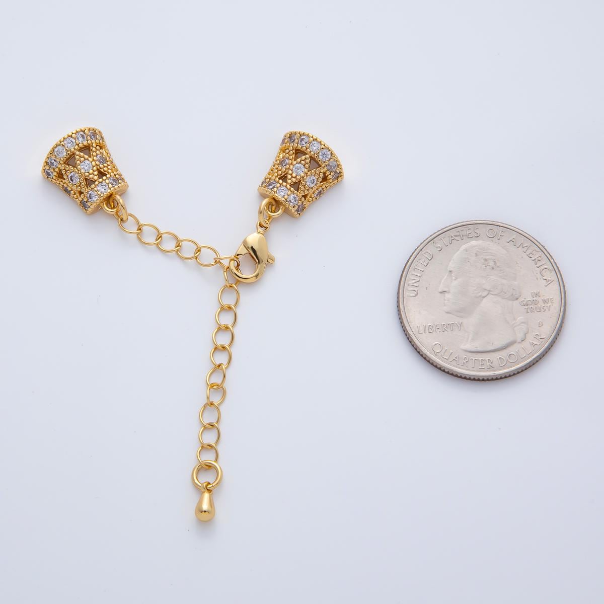 18K Gold Filled 61mm Micro Paved CZ Decorative Cone Caps w. Extension Chain Finding | Z1454