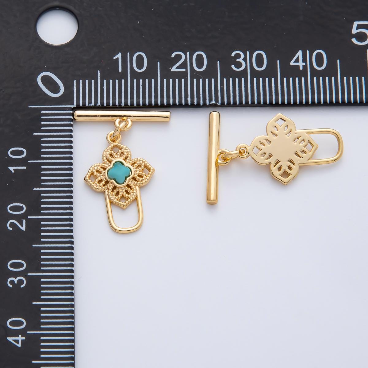 18K Gold Filled Blue, Red, White CZ Clover OT Clasp Dainty Toggle Clasps Closure Finding Bulk Supply for Bracelet Necklace Component | Z1458