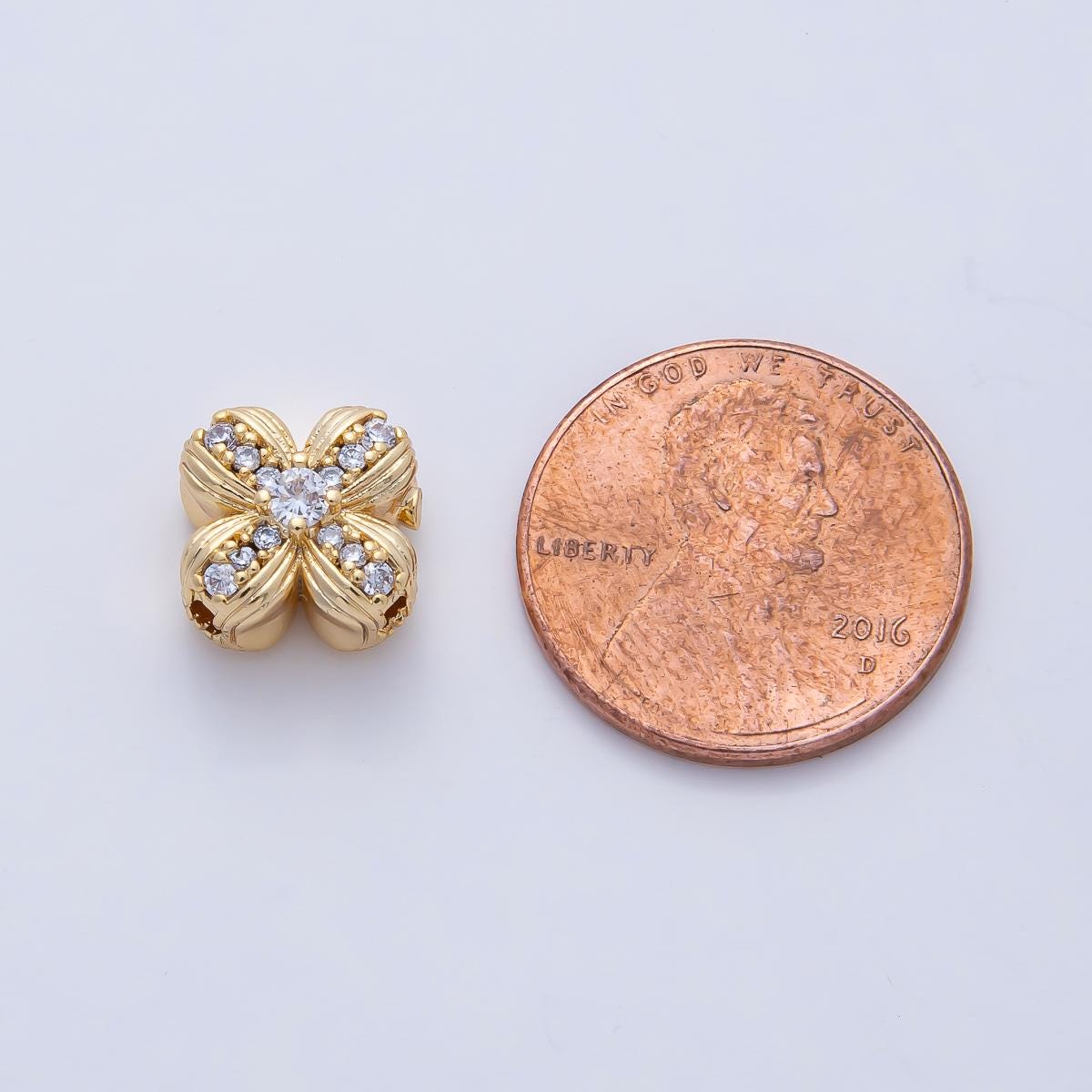 16K Gold Filled 7mm Quatrefoil Line-Patterned Clover Micro Pave Clear CZ Bead | B-535