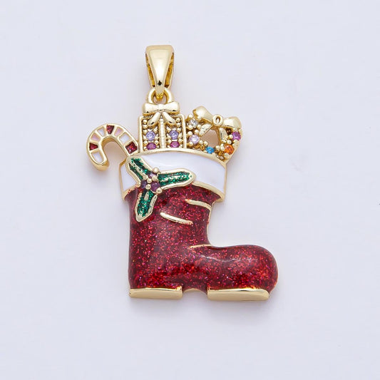 18K Gold Filled 22mm Micro Paved CZ Acrylic Red Santa's Shoe Christmas Pendant Charm Necklace for DIY Jewelry Making Holiday Season | AF1166