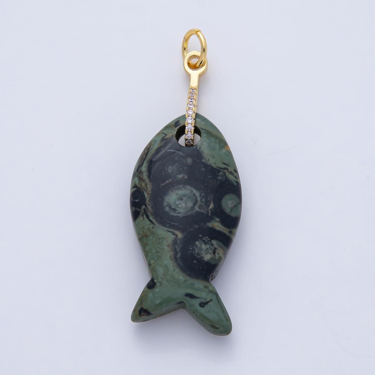 18k Gold Filled 51.1mm Big Gemstone Fish Pendant Natural Stone CZ Charm for Necklace Bracelet Jewelry Making DIY Supply | AK001