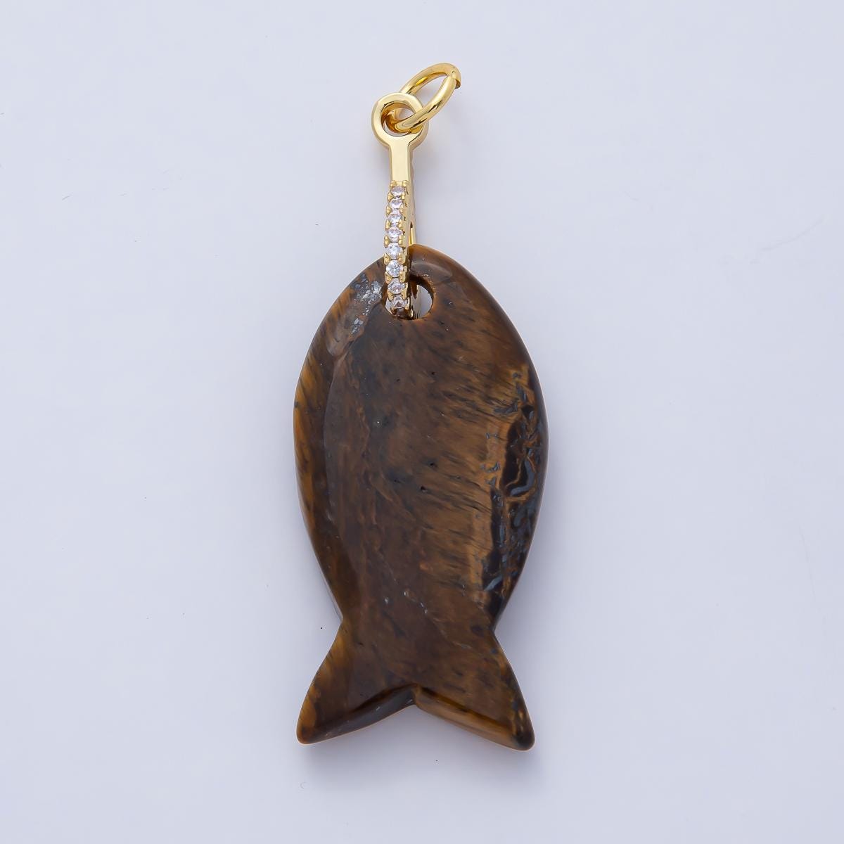 18k Gold Filled 51.1mm Big Gemstone Fish Pendant Natural Stone CZ Charm for Necklace Bracelet Jewelry Making DIY Supply | AK001
