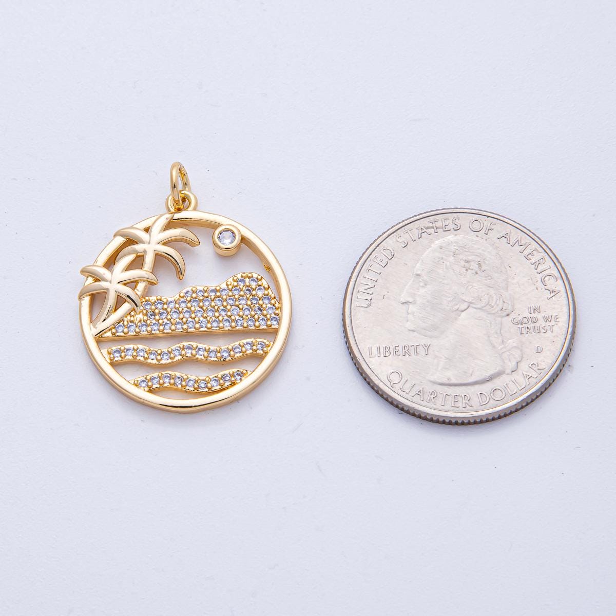 18k Gold Filled 25.1mm Micro Paved CZ Ocean Themed Beach Waves Island Charm DIY Jewelry Making Supply for Necklace | AK006