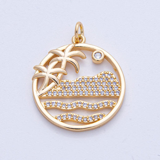 18k Gold Filled 25.1mm Micro Paved CZ Ocean Themed Beach Waves Island Charm DIY Jewelry Making Supply for Necklace | AK006