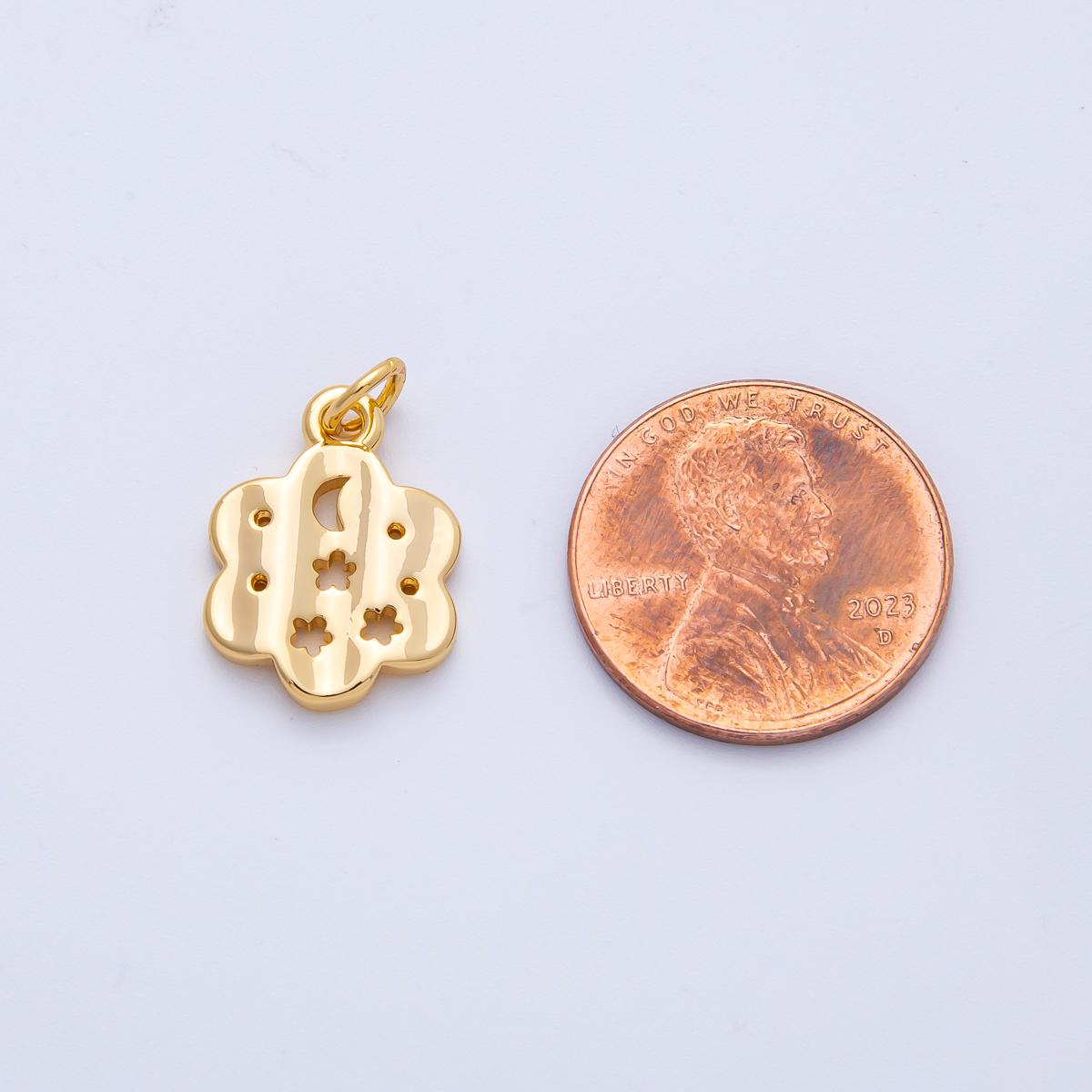 18k Gold Filled 16.7mm Dreamy Puffy Floral Charm Cutout Star and Moon Pendant DIY Jewelry Supply Finding Necklace Bracelet Design | AK-011