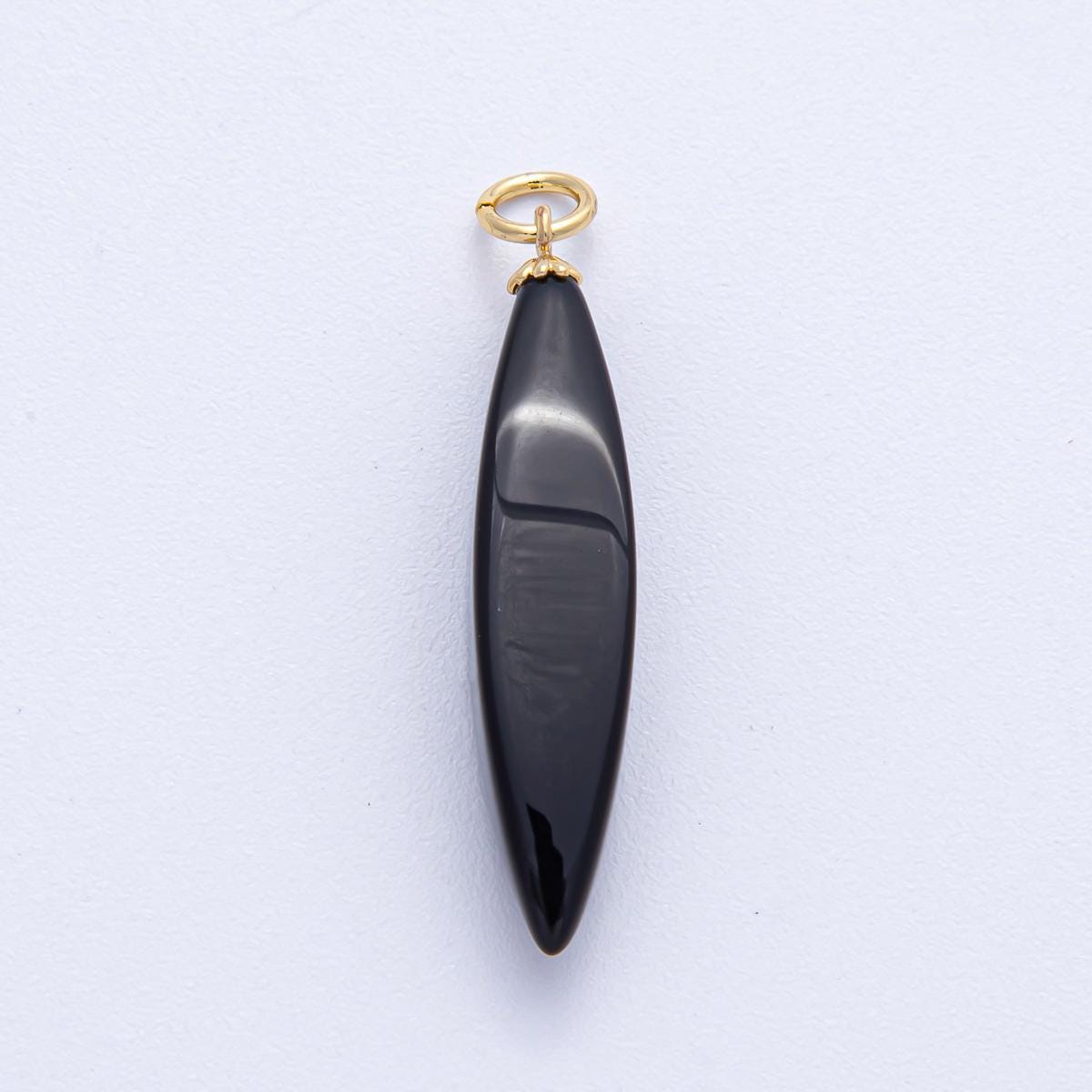 Dainty Oval Black Agate Pendant Natural Geometric Stone Beads Black Gemstone Findings 34x6.8 mm for Cord Necklace Earring Component AK-051