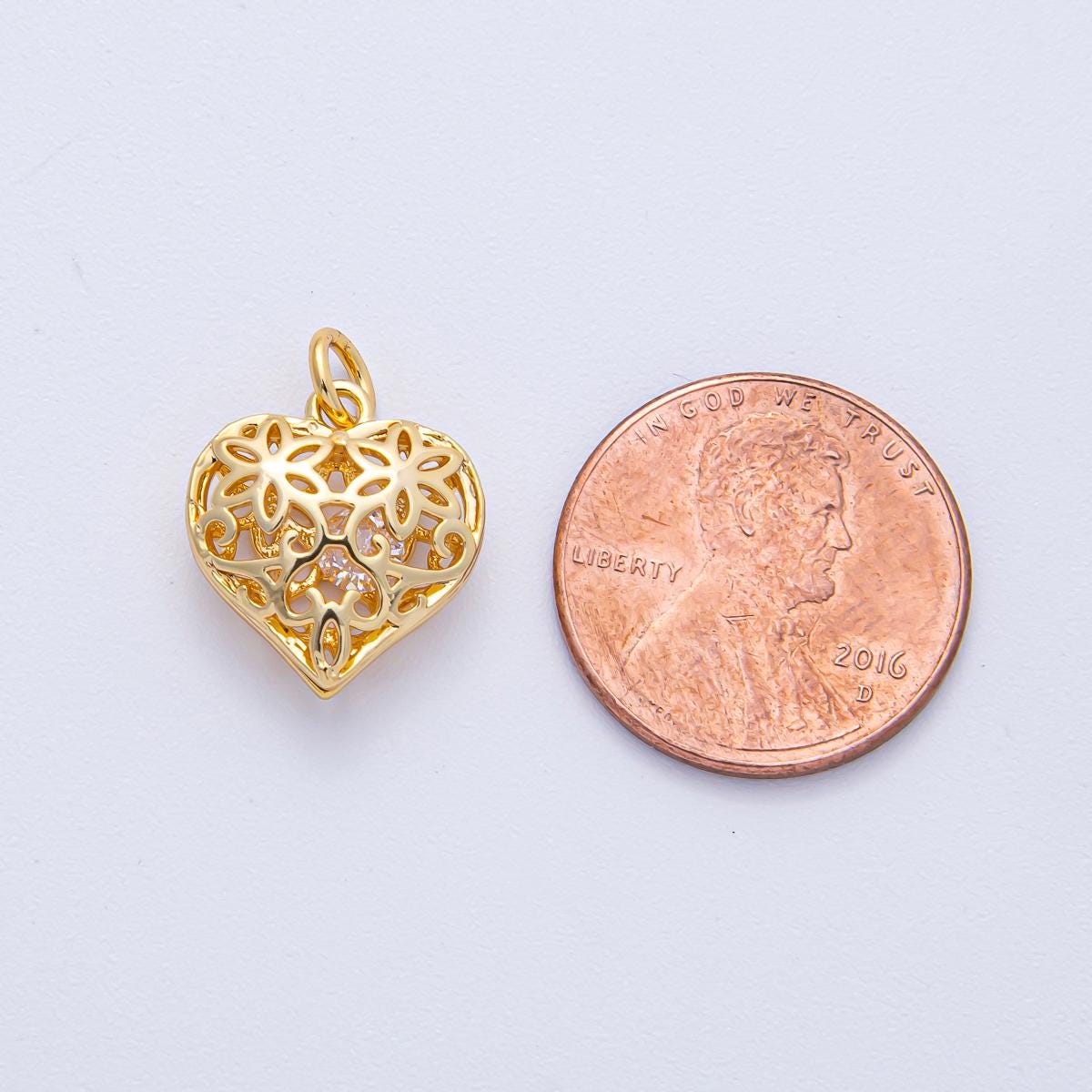 18K Gold Filled 14.8mm Filigree Open Chubby Heart Charm Romantic Floral Love Pendant DIY Jewelry Supply for Custom Necklace Bracelet | AK037