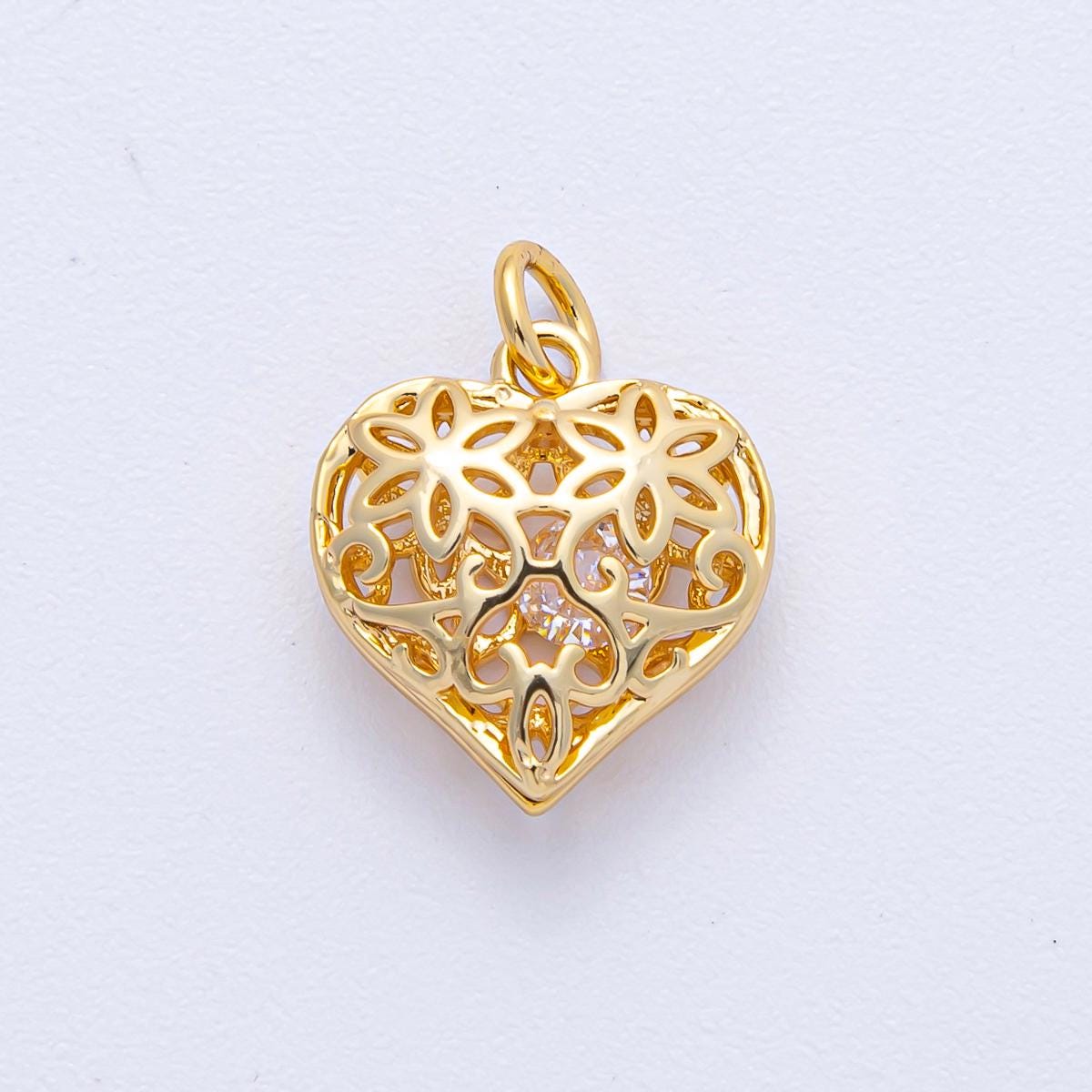 18K Gold Filled 14.8mm Filigree Open Chubby Heart Charm Romantic Floral Love Pendant DIY Jewelry Supply for Custom Necklace Bracelet | AK037