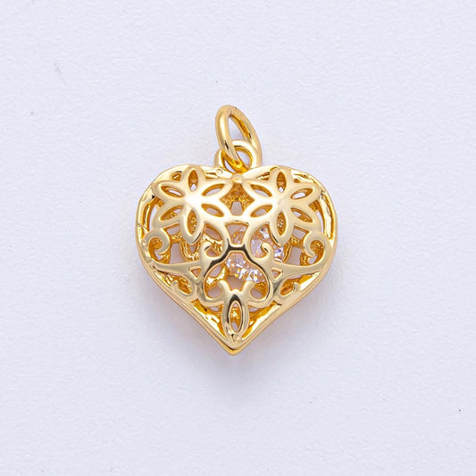 18K Gold Filled 14.8mm Filigree Open Chubby Heart Charm Romantic Floral Love Pendant DIY Jewelry Supply for Custom Necklace Bracelet | AK037