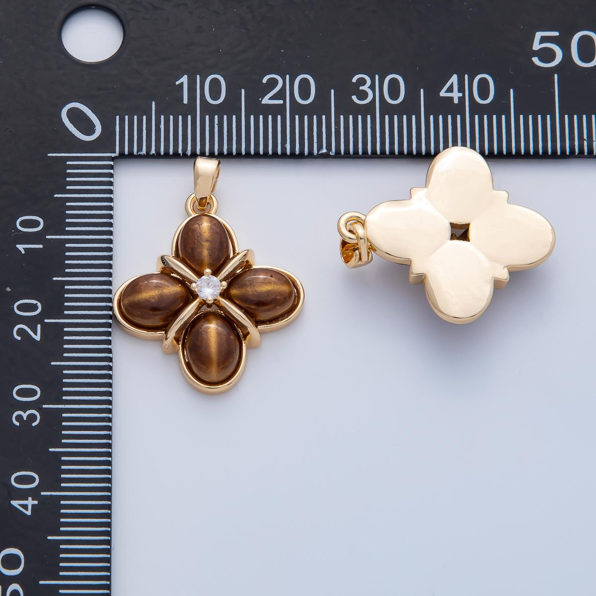 18K Gold Filled Clear CZ Tiger Eye Natural Gemstone Tied Clover Pendant Lucky Brown Charm Necklace Jewelry Making | AF1167
