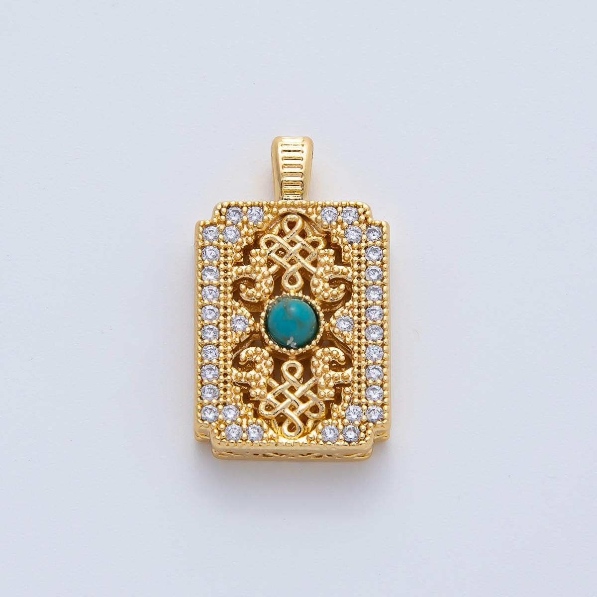 18K Gold Filled Turquoise Micro Paved CZ Artisan Tag Pendant Old Century Magical Gold and Rhinestones DIY Jewelry Making Necklace | AF1168