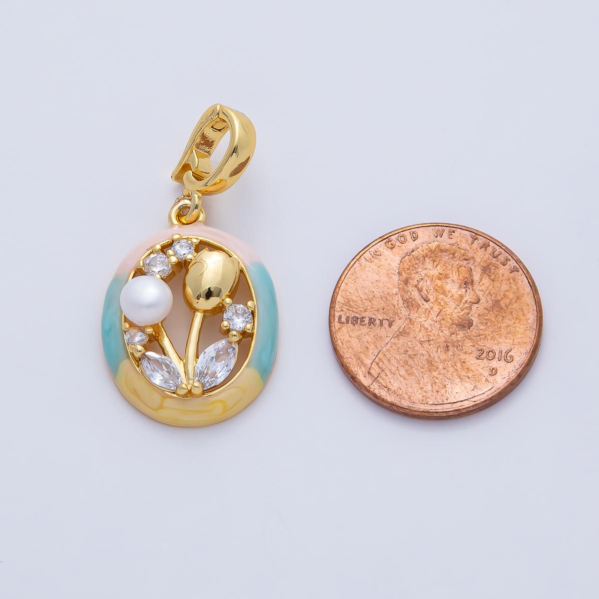 Dainty gold tulip charms white Pearl enamel flower charm abstract oval charm medallion for necklace bracelet AF-1190
