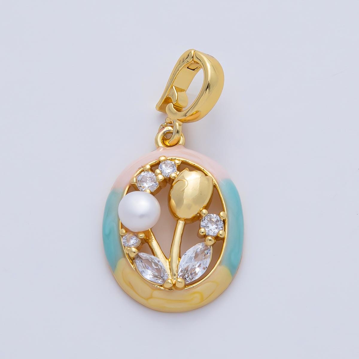 Dainty gold tulip charms white Pearl enamel flower charm abstract oval charm medallion for necklace bracelet AF-1190
