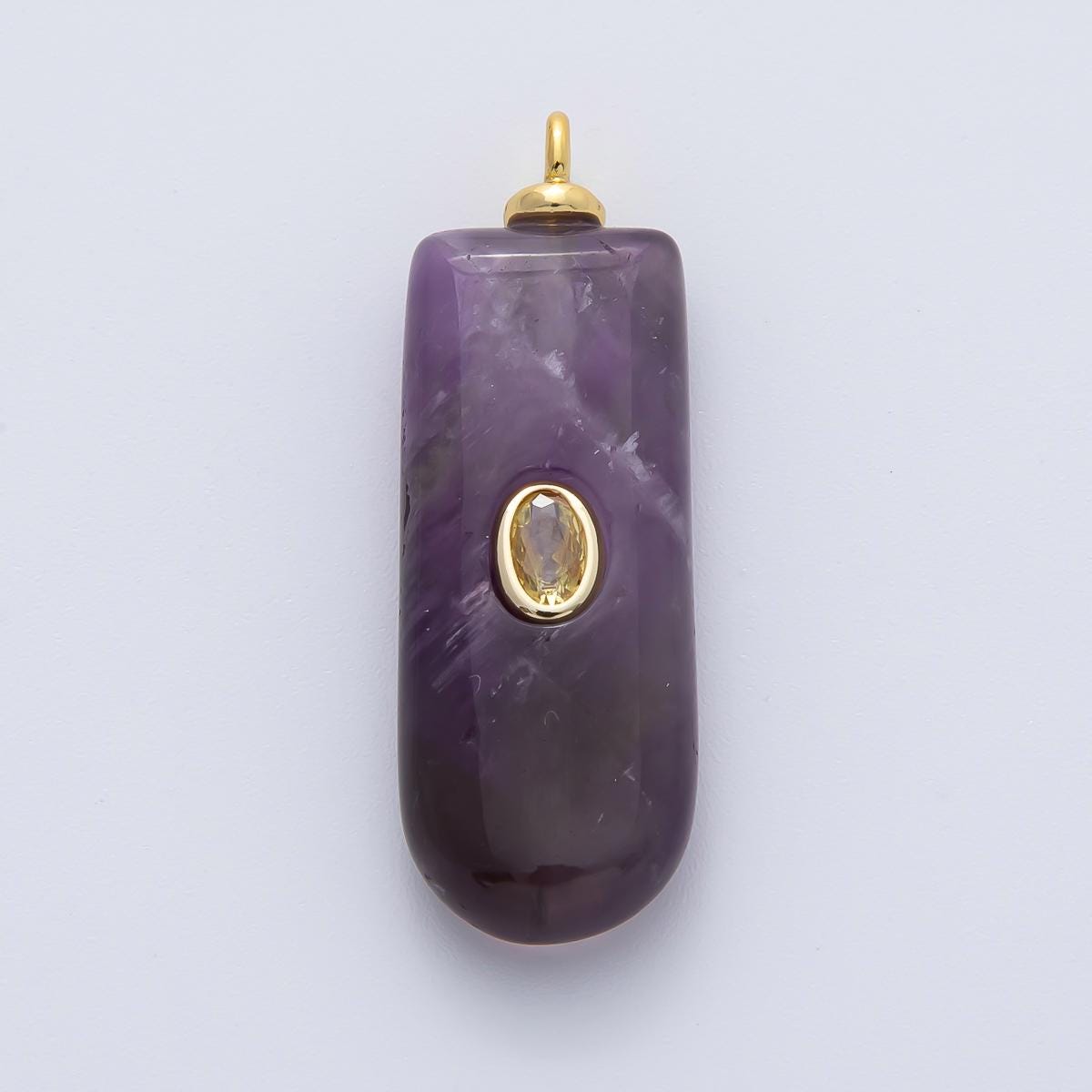 18K Gold Filled 34.7mm Yellow CZ Amethyst Tube Gemstone Charm Raw Stone Pendant DIY Jewelry Making Supply Smooth Healing Stone | AF1445
