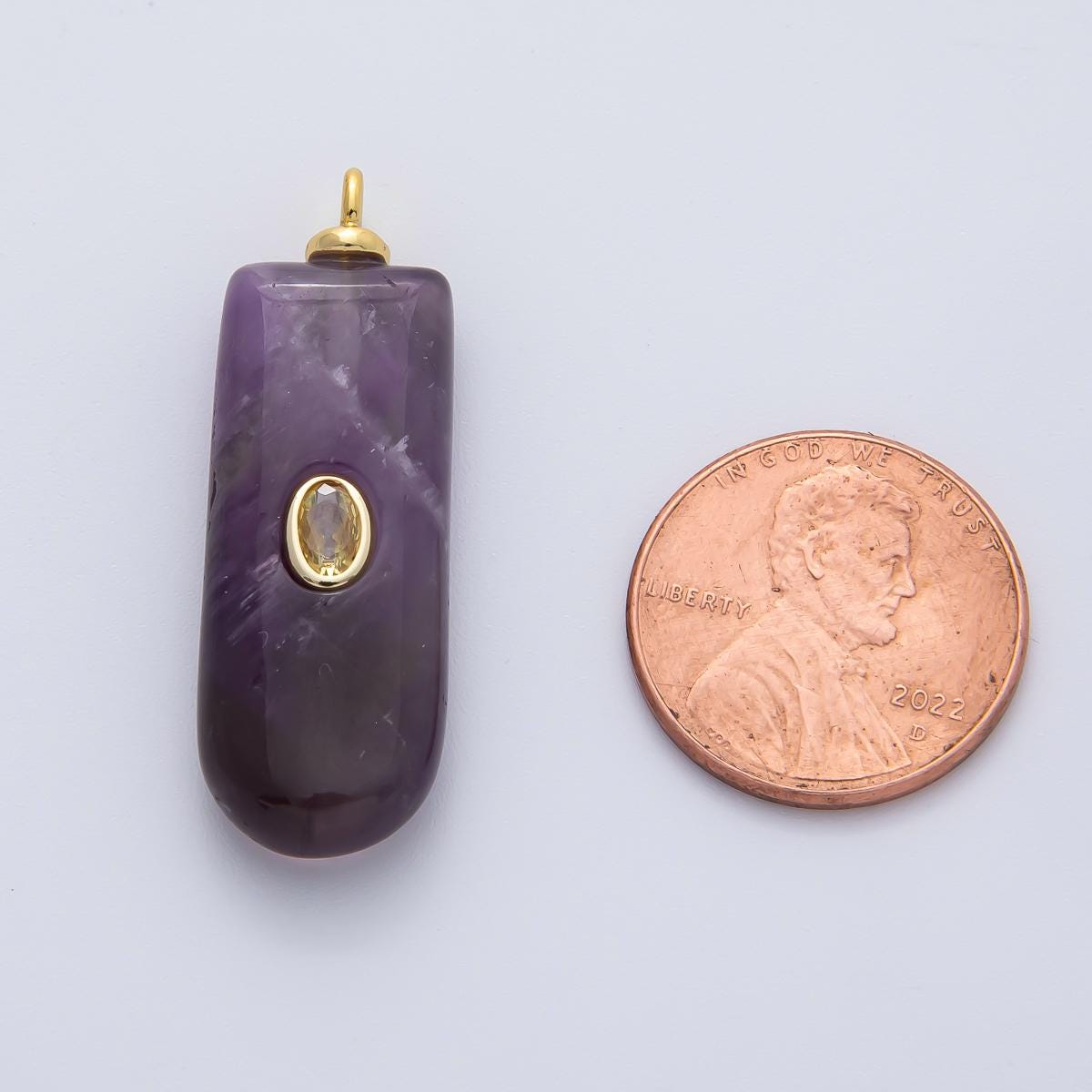 18K Gold Filled 34.7mm Yellow CZ Amethyst Tube Gemstone Charm Raw Stone Pendant DIY Jewelry Making Supply Smooth Healing Stone | AF1445