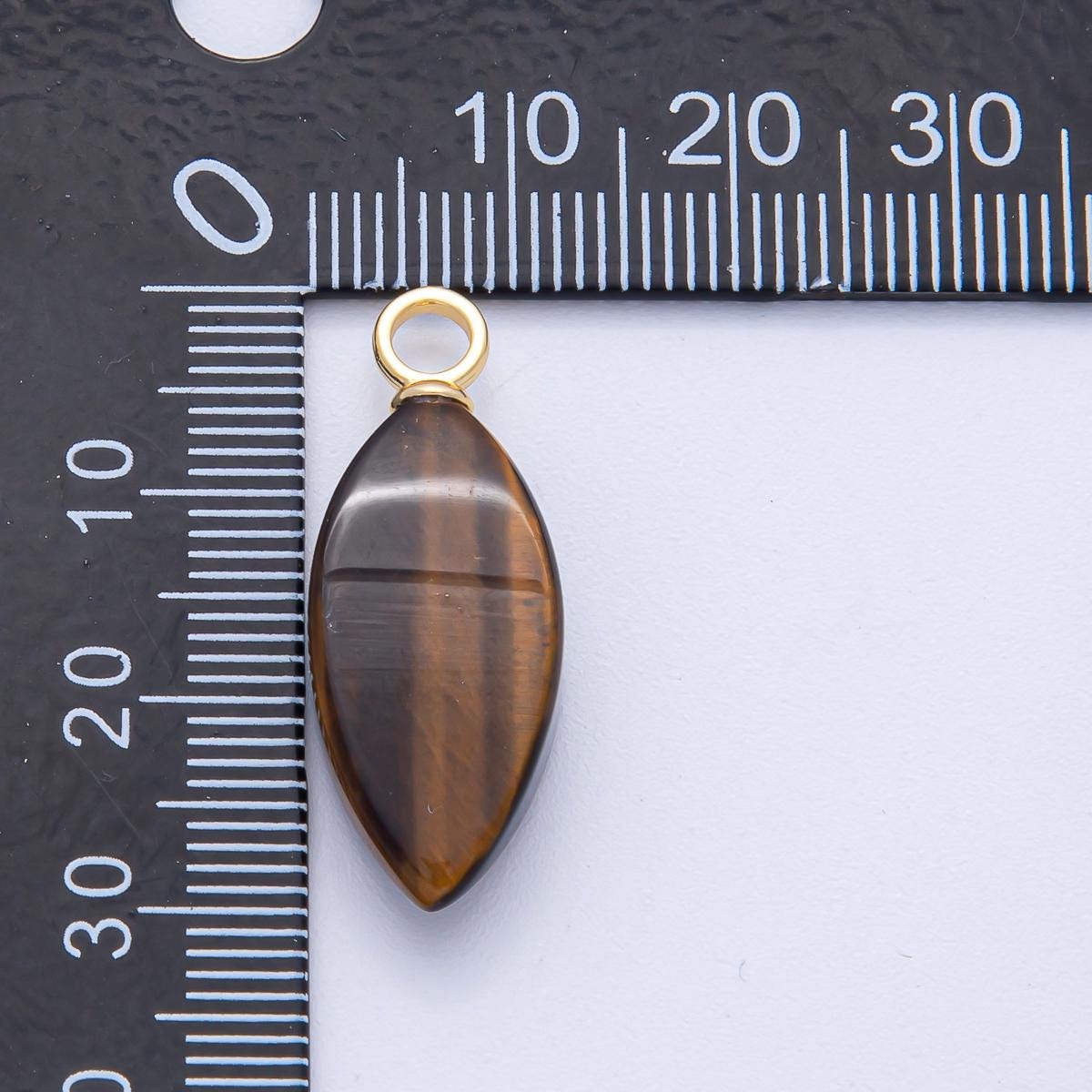 18K Gold Filled 30.3mm Tiger Eye Gemstone Navette Sphere Drop Charm Earth Toned DIY Jewelry Supply Finding for Necklace | AK-052