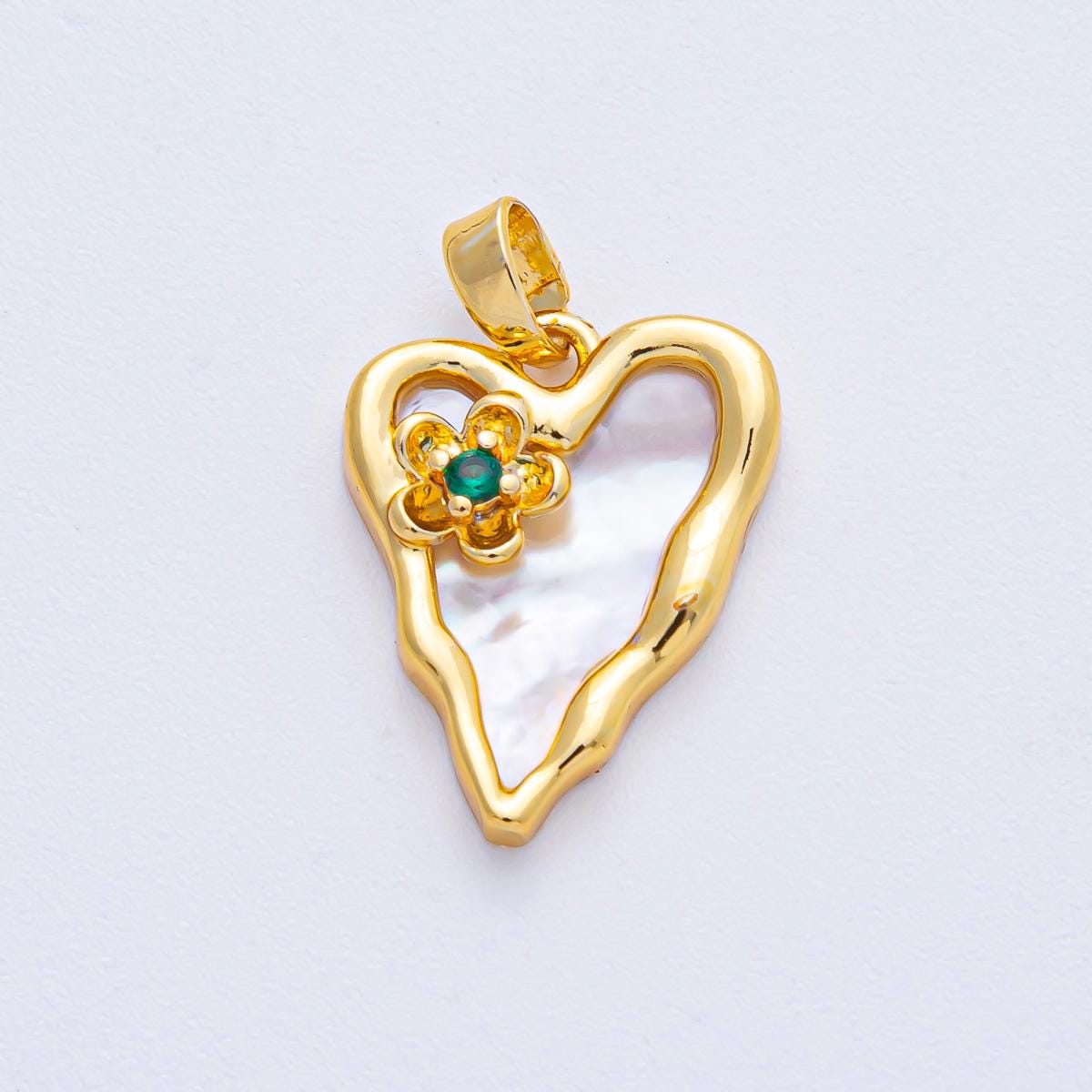 18K Gold Filled 19.5mm Green CZ Flower Shell Pearl Molten Heart Pendant in Gold & Silver DIY Custom Jewelry Supply Finding Necklace | AF1204