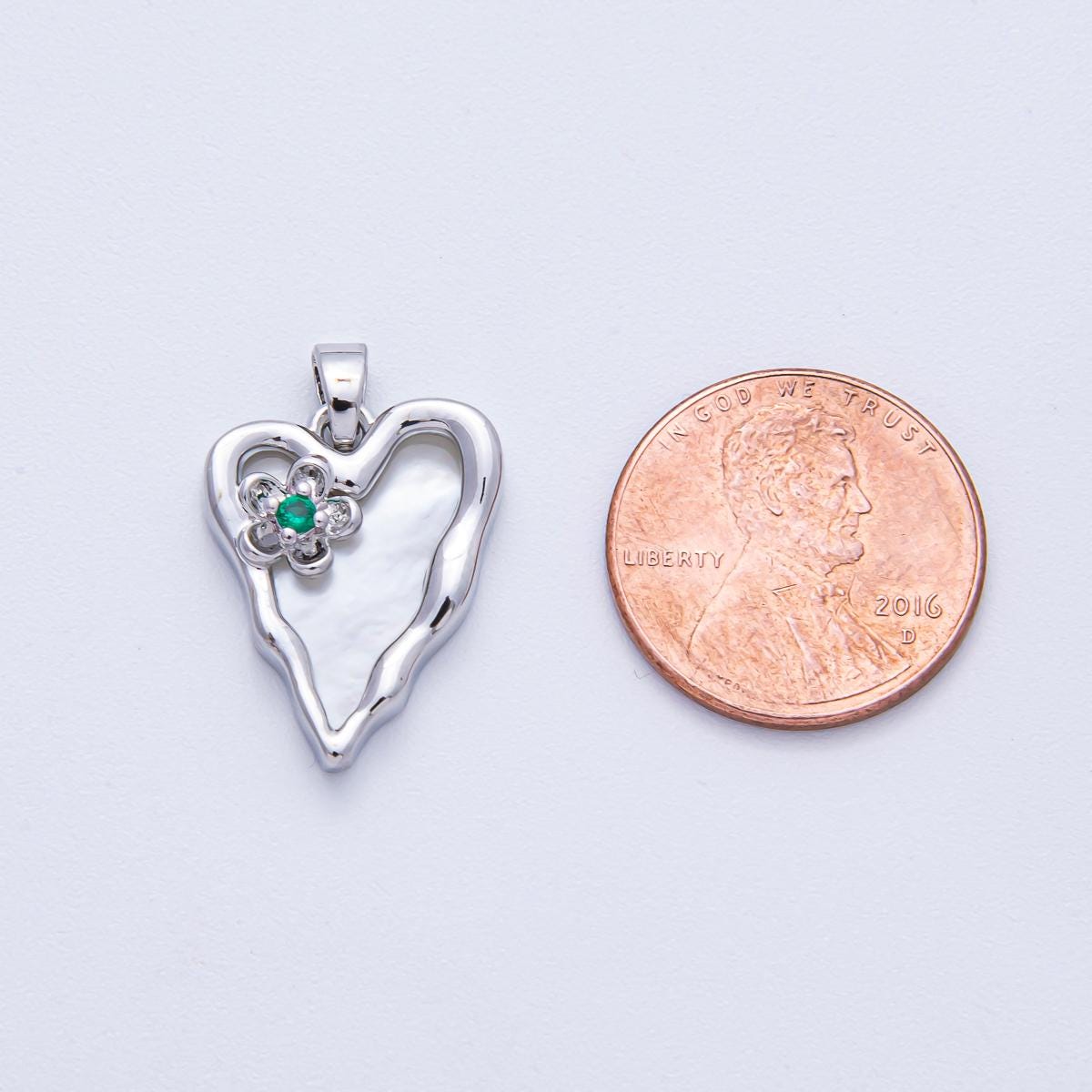 18K Gold Filled 19.5mm Green CZ Flower Shell Pearl Molten Heart Pendant in Gold & Silver DIY Custom Jewelry Supply Finding Necklace | AF1204
