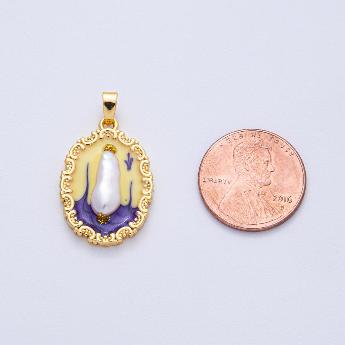 18K Gold Filled 23.9mm Shell Pearl Yellow Purple Multicolor Enamel Oval Pendant DIY Jewelry Supply Finding for Custom Necklace | AF1205