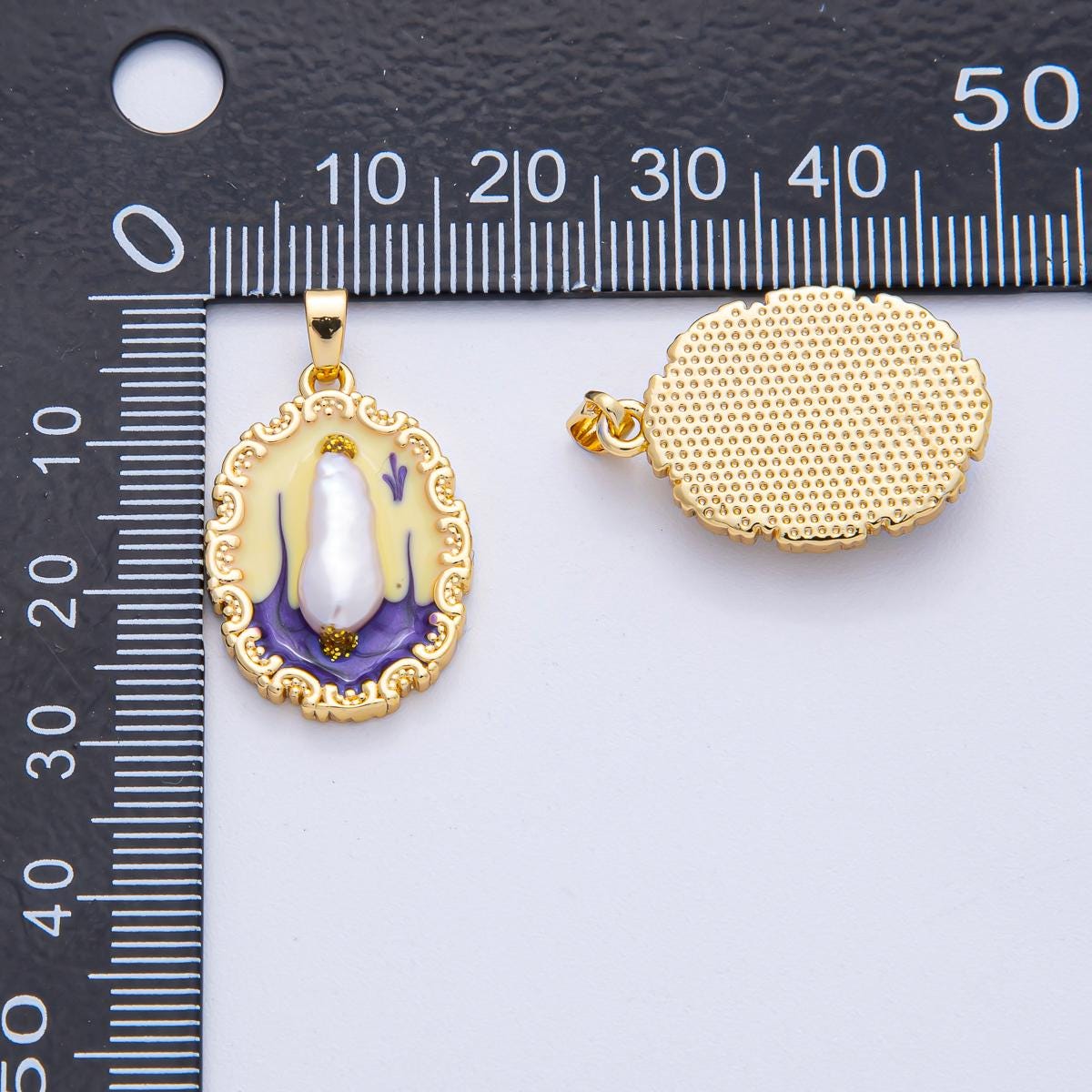18K Gold Filled 23.9mm Shell Pearl Yellow Purple Multicolor Enamel Oval Pendant DIY Jewelry Supply Finding for Custom Necklace | AF1205