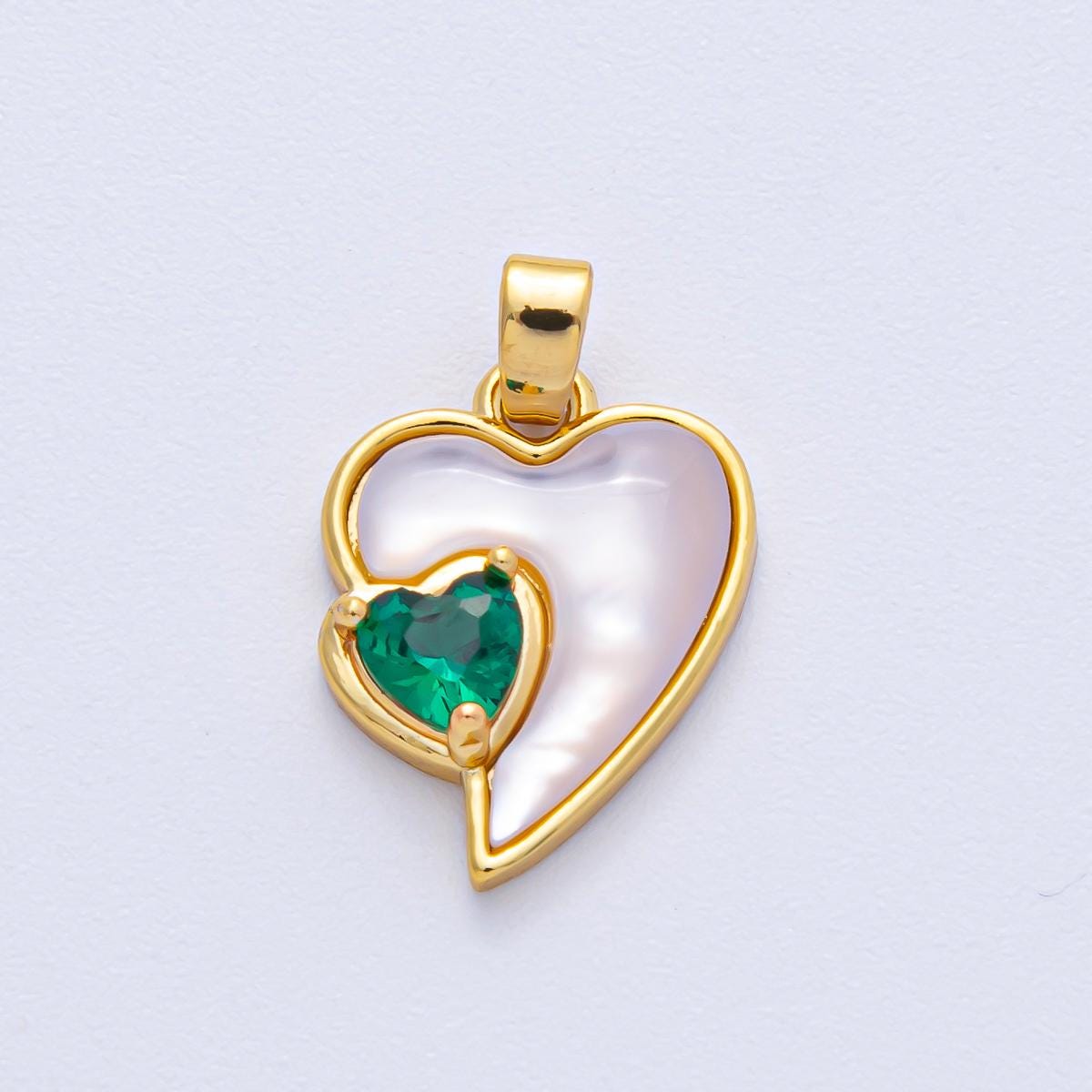 18K Gold Filled 17.2mm Green Emerald CZ Shell Pearl Radiant Heart Pendant DIY Jewelry Supply Finding | AF-1206