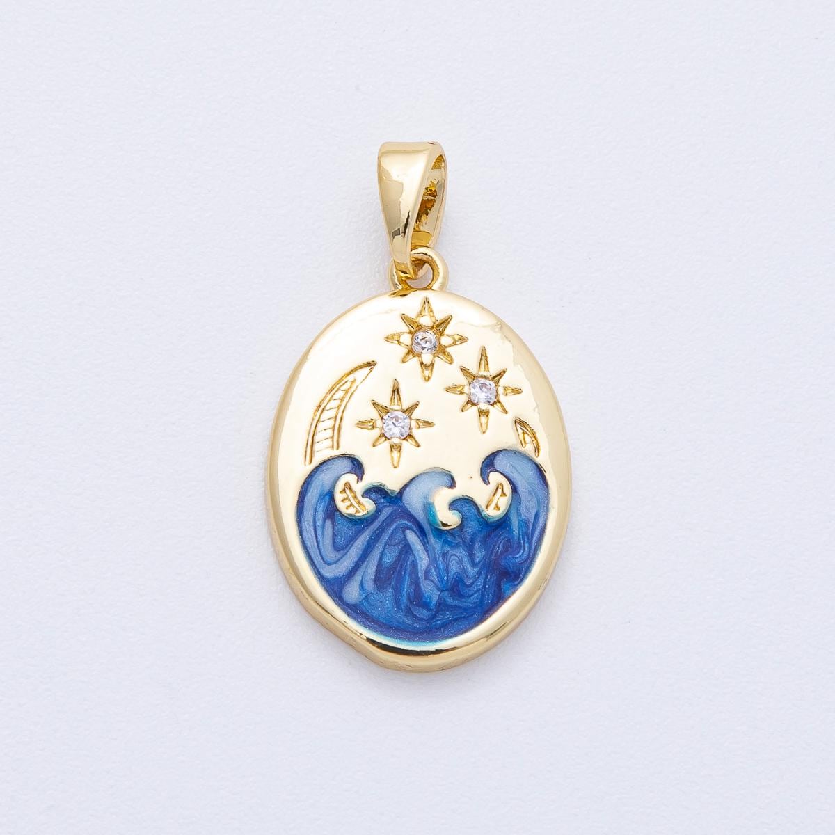 18K Gold Filled 19.8mm Clear CZ Celestial Crescent Moon Star Sea Ocean Oval Pendant DIY Jewelry Supply for Necklace & Bracelet | AF1233