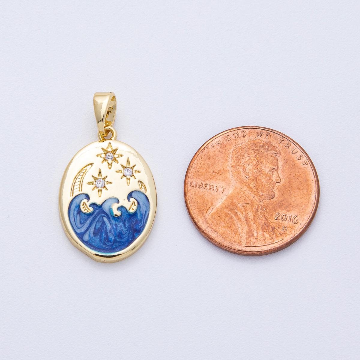 18K Gold Filled 19.8mm Clear CZ Celestial Crescent Moon Star Sea Ocean Oval Pendant DIY Jewelry Supply for Necklace & Bracelet | AF1233