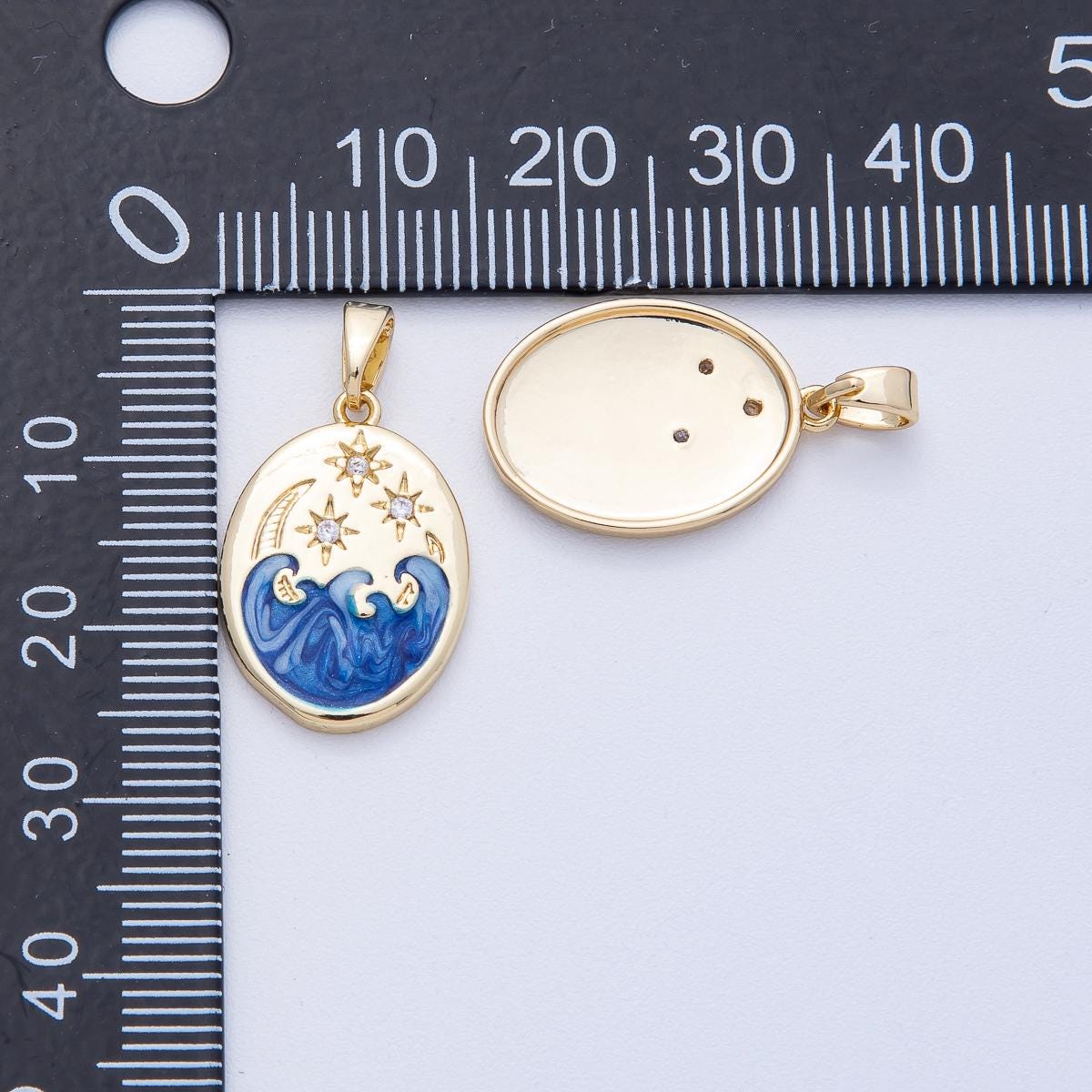 18K Gold Filled 19.8mm Clear CZ Celestial Crescent Moon Star Sea Ocean Oval Pendant DIY Jewelry Supply for Necklace & Bracelet | AF1233