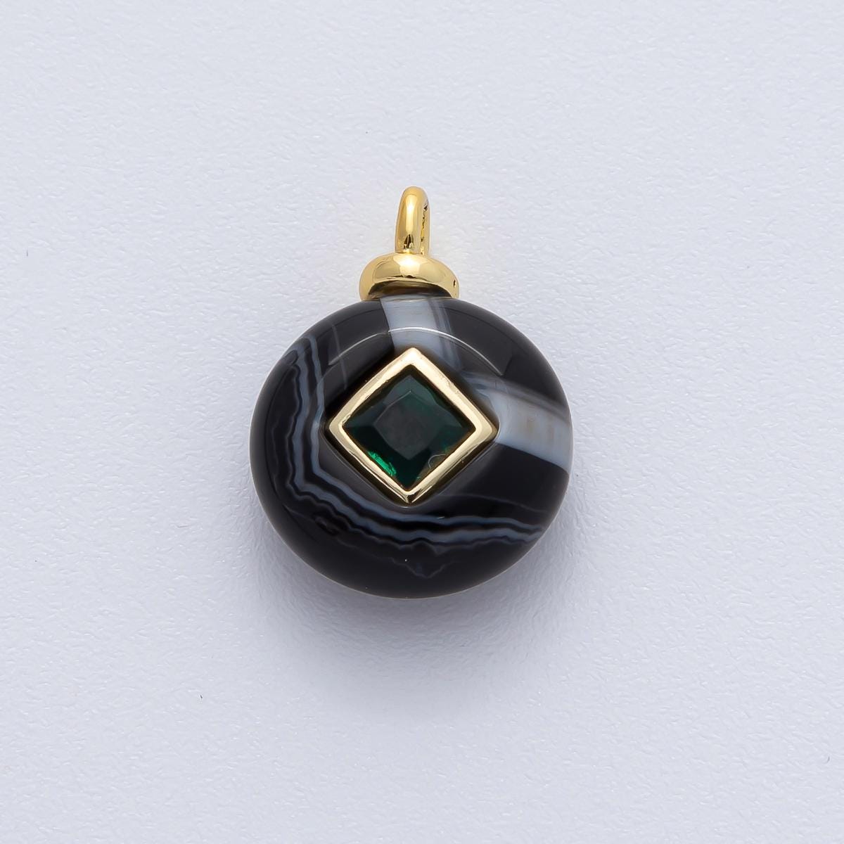 18K Gold Filled 18.1mm Black Agate with Emerald Green CZ Round Natural Gemstone Pendant DIY Jewelry and Accessories Healing Crystal | AF1449