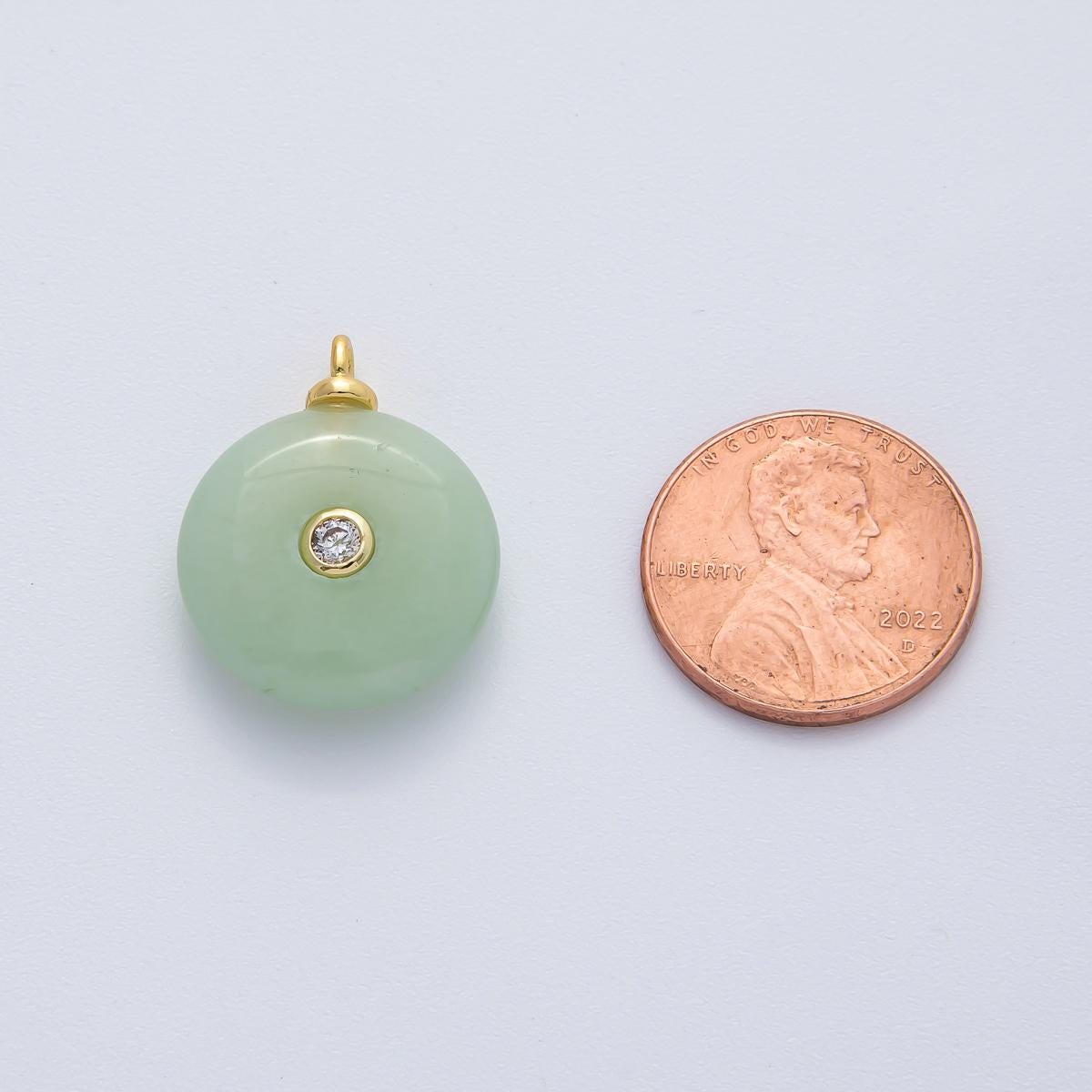 18K Gold Filled 23.2mm Green Jade with Clear CZ Round Natural Gemstone Pendant Light Green Charm DIY Necklace Jewelry Gift Giving | AF1450
