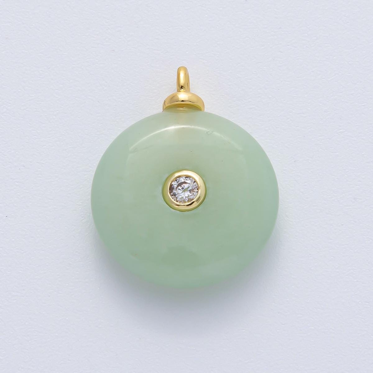 18K Gold Filled 23.2mm Green Jade with Clear CZ Round Natural Gemstone Pendant Light Green Charm DIY Necklace Jewelry Gift Giving | AF1450