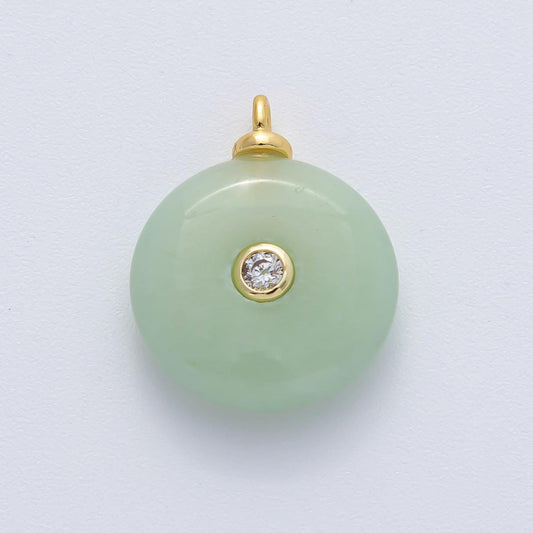18K Gold Filled 23.2mm Green Jade with Clear CZ Round Natural Gemstone Pendant Light Green Charm DIY Necklace Jewelry Gift Giving | AF1450