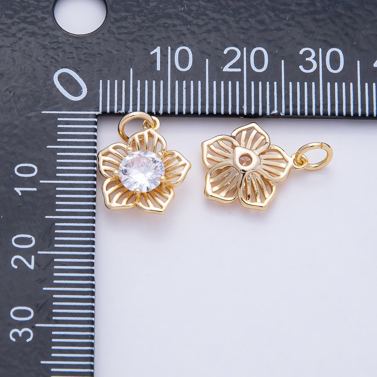 18K Gold Filled 13.9mm Blooming Plumeria Five Petals Flower Round Sparkling CZ Charm DIY Jewelry Supply for for Necklace Design | AF1460