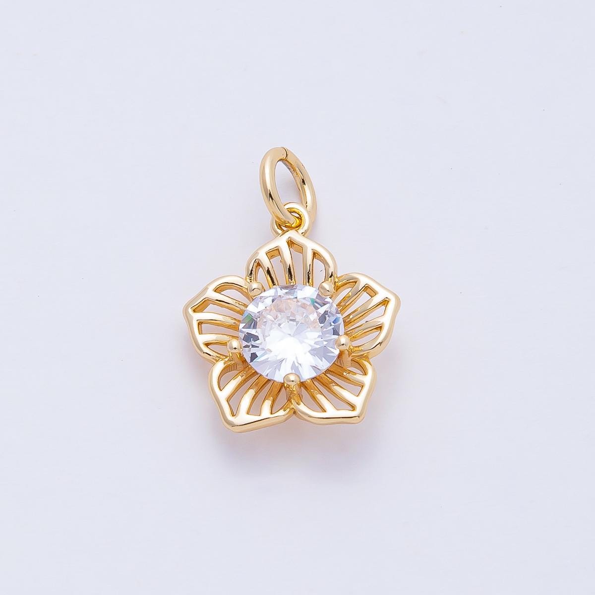 18K Gold Filled 13.9mm Blooming Plumeria Five Petals Flower Round Sparkling CZ Charm DIY Jewelry Supply for for Necklace Design | AF1460