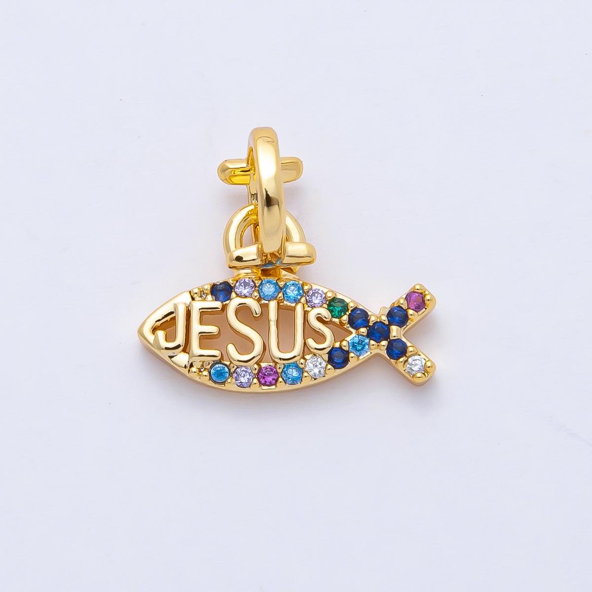 18K Gold Filled 14.8mm Ichthys Jesus Fish Religious Christian Multi Color CZ Charm Bracelet Necklace for DIY Jewelry Making Supply | AF1464