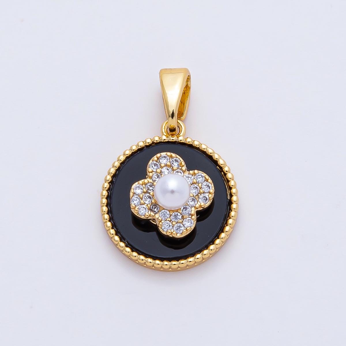 18K Gold Filled 14.8mm Black Spinning Clover Shell Pearl Pendant Good Luck Charm Clover Necklace Bracelet Jewelry Making Supply | AF1169