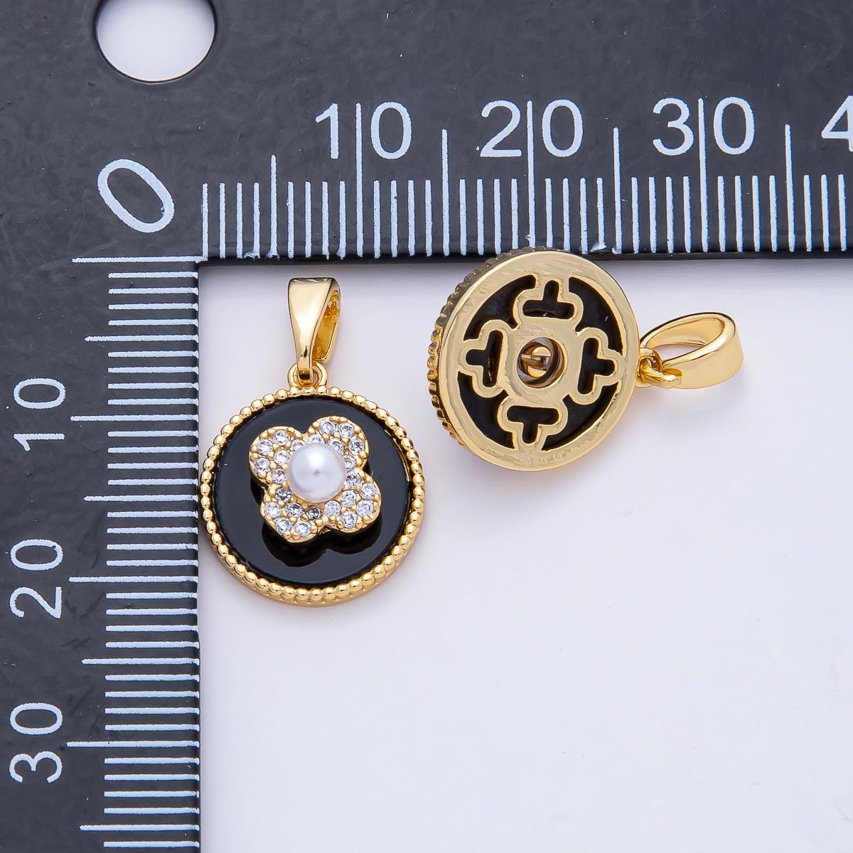 18K Gold Filled 14.8mm Black Spinning Clover Shell Pearl Pendant Good Luck Charm Clover Necklace Bracelet Jewelry Making Supply | AF1169