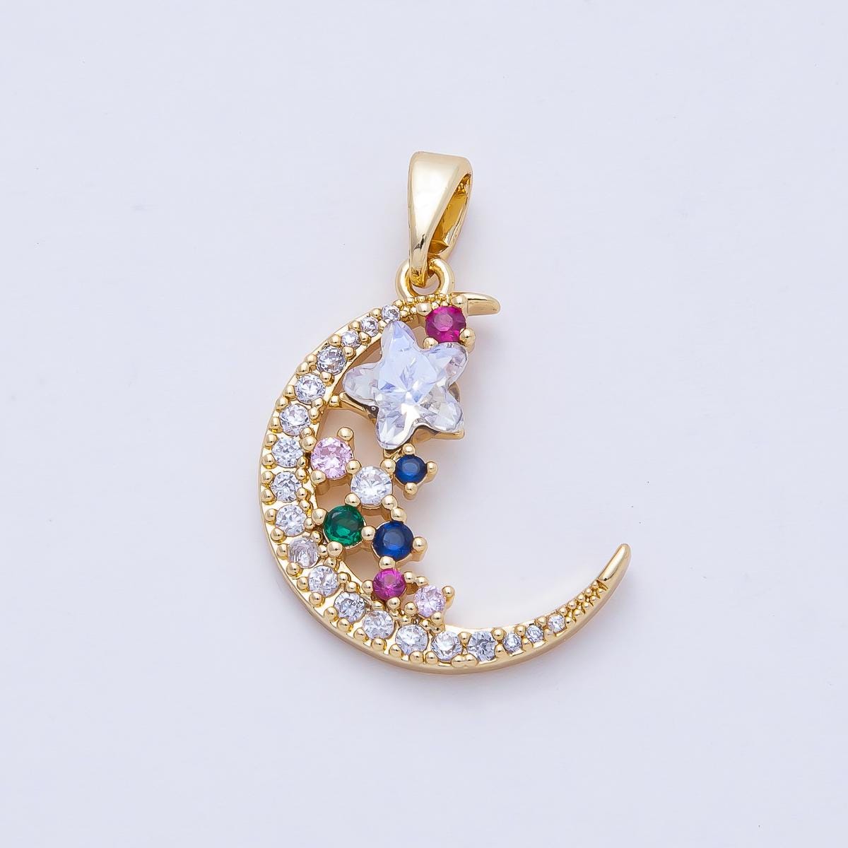 18K Gold Filled 20.3mm Colorful Celestial Moon and Star Night Sky Majestic Pendant Charm Jewelry Making Supply Bracelet Necklace | AF1173