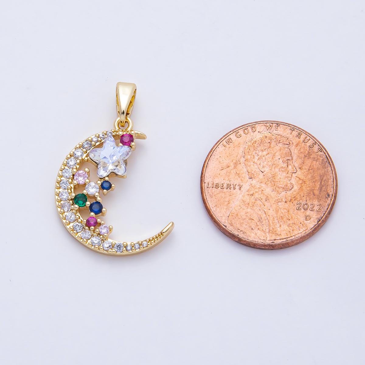 18K Gold Filled 20.3mm Colorful Celestial Moon and Star Night Sky Majestic Pendant Charm Jewelry Making Supply Bracelet Necklace | AF1173