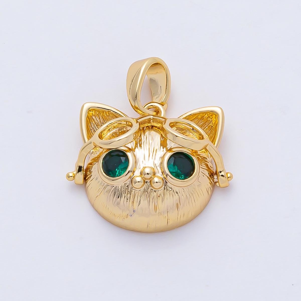18K Gold Filled 16.5mm Emerald Green Cool Cat in Goggles Glasses Animal Pendant Charm Kitty Necklace Animal Jewelry Gift for Her | AF1176