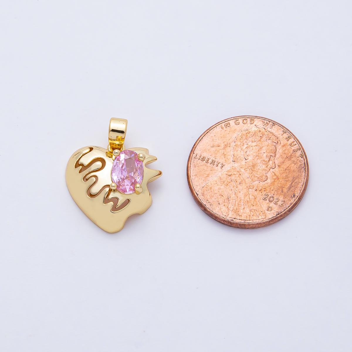 18K Gold Filled 15mm Pulse Heartbeat with Pink Oval CZ Heart Pendant Charm Drip Heart Necklace Pink Crystal Pendant Jewelry Gift | AF1178