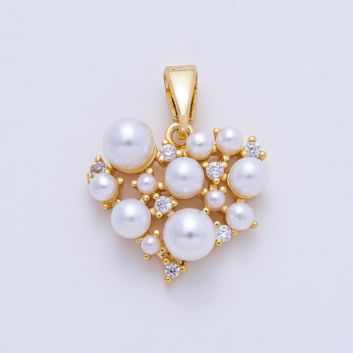 18K Gold Filled 14.3mm Mix Shell Pearl and CZ Dotted Heart Pendant Charm Cluster Pearl Charm Necklace Elegant Jewelry Gift DIY | AF1180