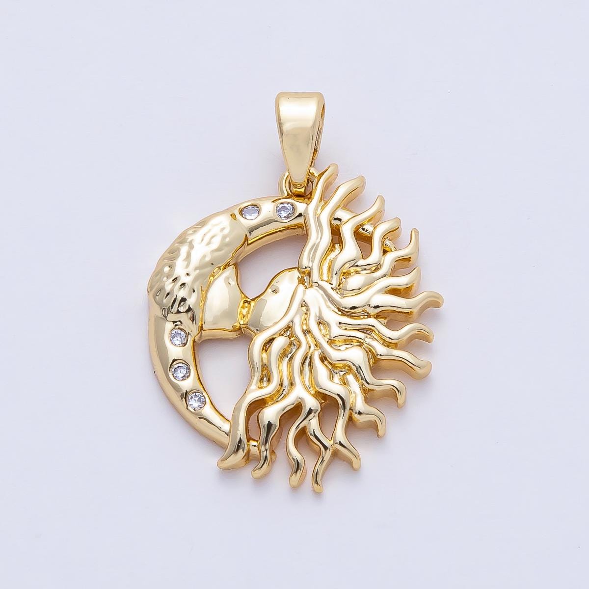 18K Gold Filled 20.4mm Celestial Crescent Moon Sun Rays Pendant Charm Necklace Dainty Celestial Design DIY Jewelry Gift Idea | AF1181