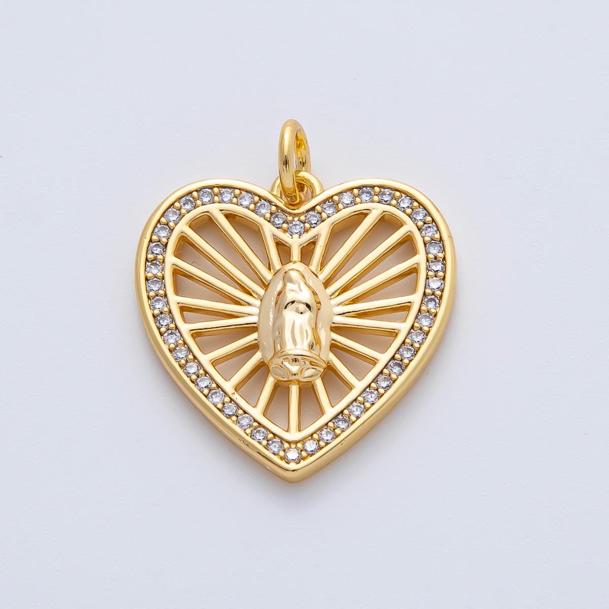 18K Gold Filled 19.6mm Mother Mary Micro Paved CZ Open Bar Heart Charm Religious Necklace Charm Sacred Heart Jewelry Design Supply | AF1466