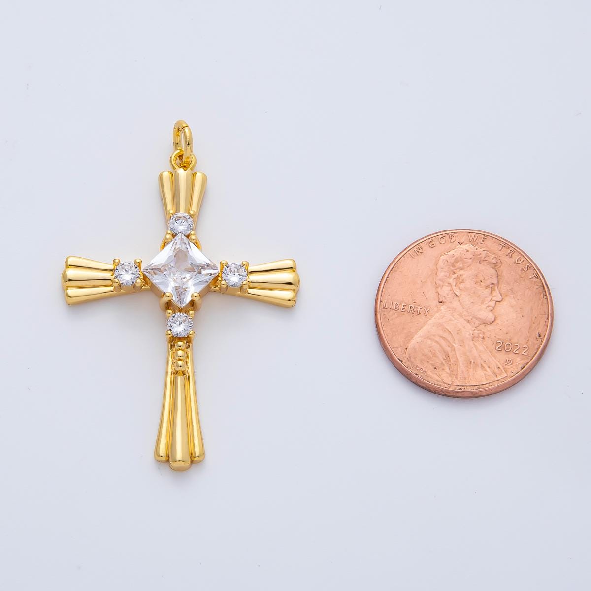 18K Gold Filled 36mm CZ Ribbed Lined Religious Cross Charm Luxury Faith Jewelry Gift for Women and Men DIY Jewelry Making Supply | AF1467