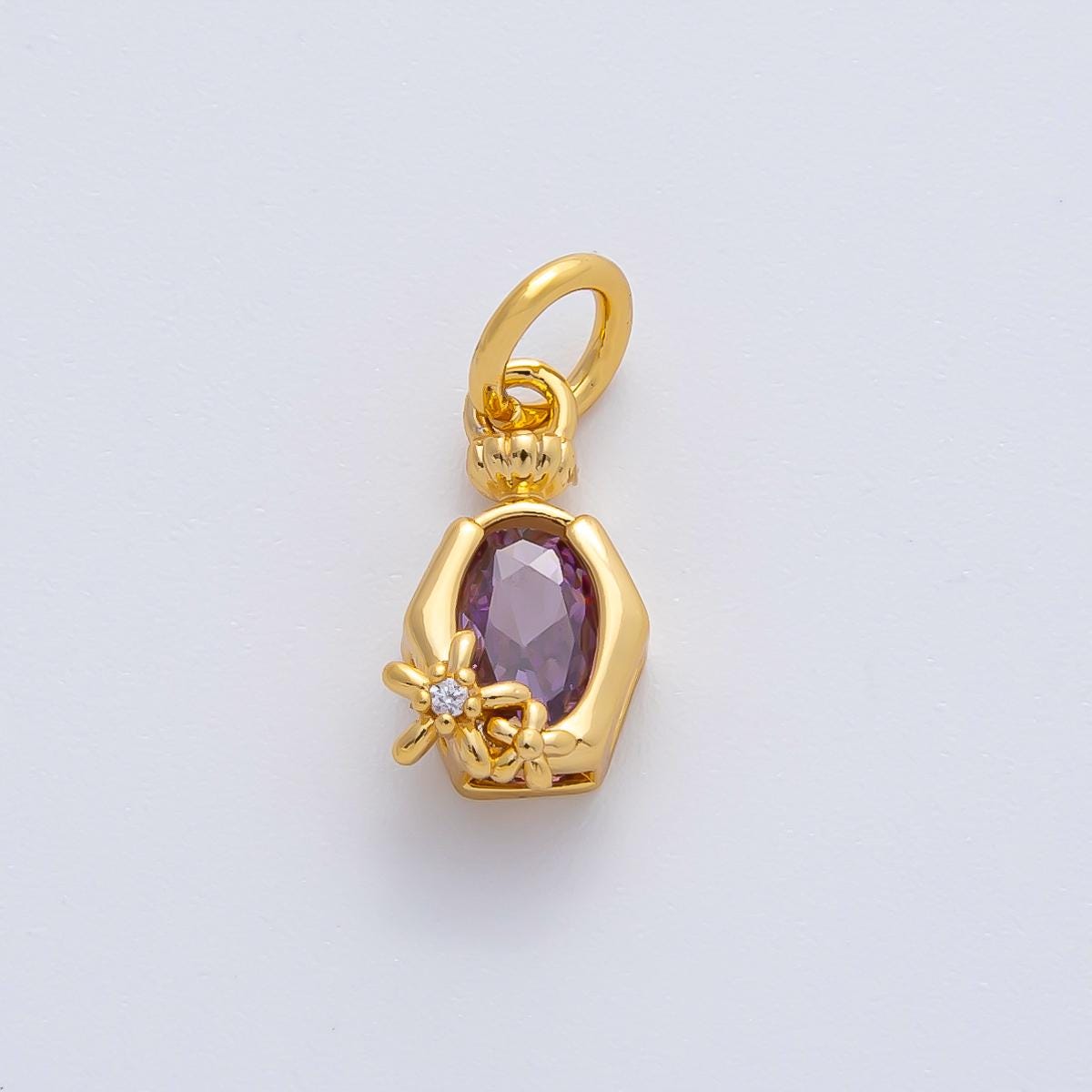 18K Gold Filled 12.1mm Purple Gemstone CZ Flower Molten Perfume Bottle Charm DIY Mini Jewelry Supply Necklace and Bracelet Making | AF1469