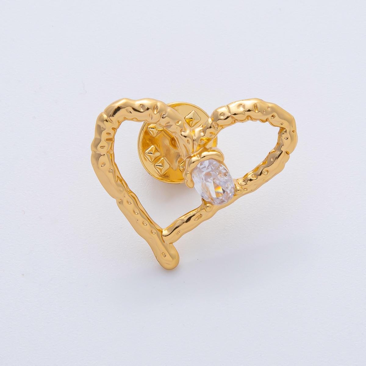 18K Gold Filled Clear CZ Crystal Open Hammered Molten Heart Pin Brooch Mini Finding Dainty Love Pin for Jackets Bags Accessories | Z1475