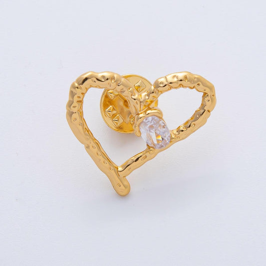 18K Gold Filled Clear CZ Crystal Open Hammered Molten Heart Pin Brooch Mini Finding Dainty Love Pin for Jackets Bags Accessories | Z1475